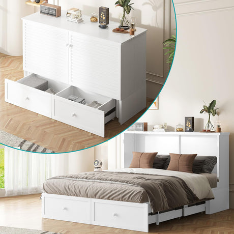 BALUS Queen Murphy Bed, Chest Murphy Beds with USB Chariging Station & Storage Drawer, Wooden Cabinet Beds with Tri Fold Mattress, Queen Hidden Bed for Living Room/Bedroom -White BALUS