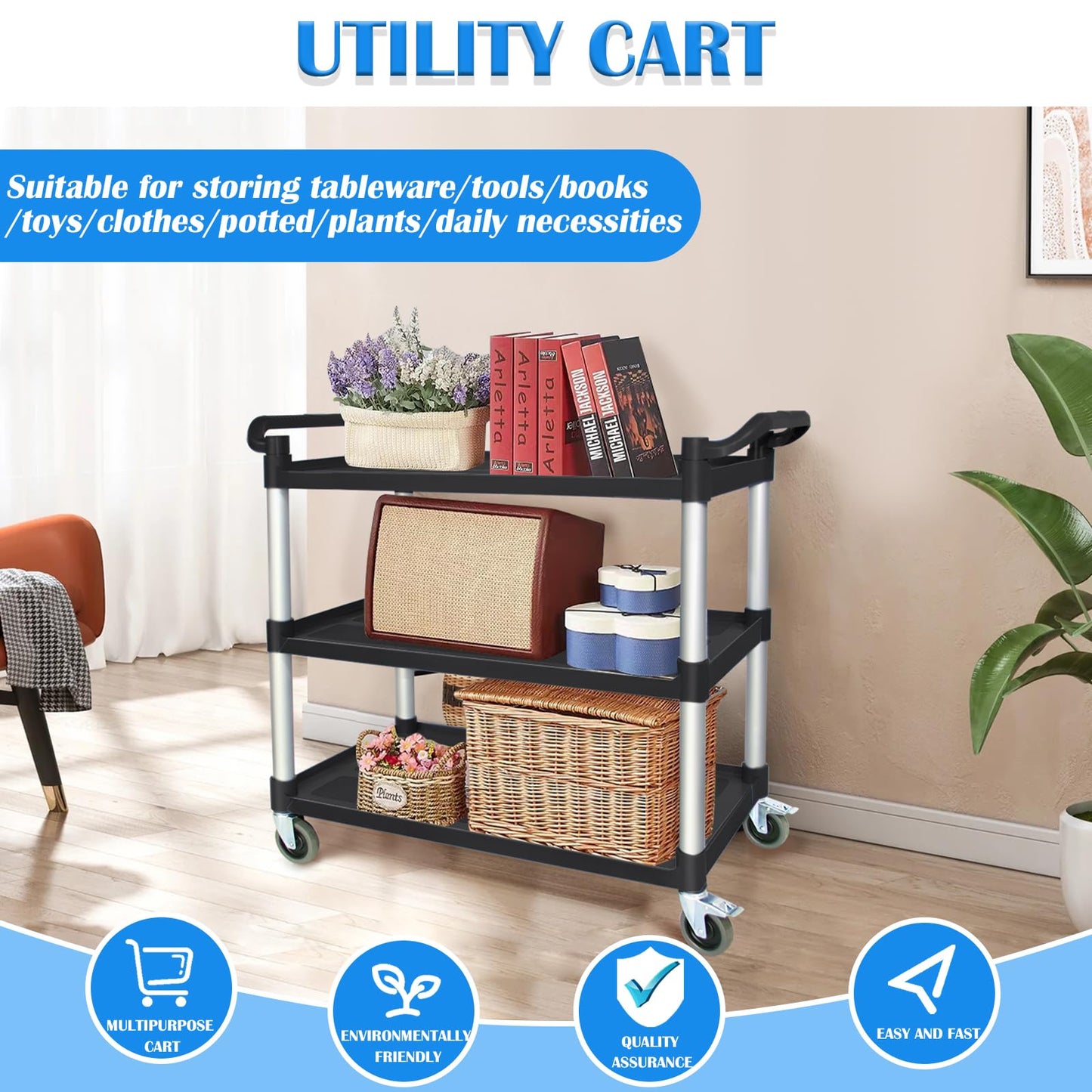 ANRYAGF Utility Carts with Wheels, 3 Tier Rolling Cart with Wheels, Kitchen Food Cart on Wheels, Heavy Duty Cart 510 lbs Capacity, Lockable Wheels, Rubber Hammer, 16.9" D x 31.5" W x 39.5" H