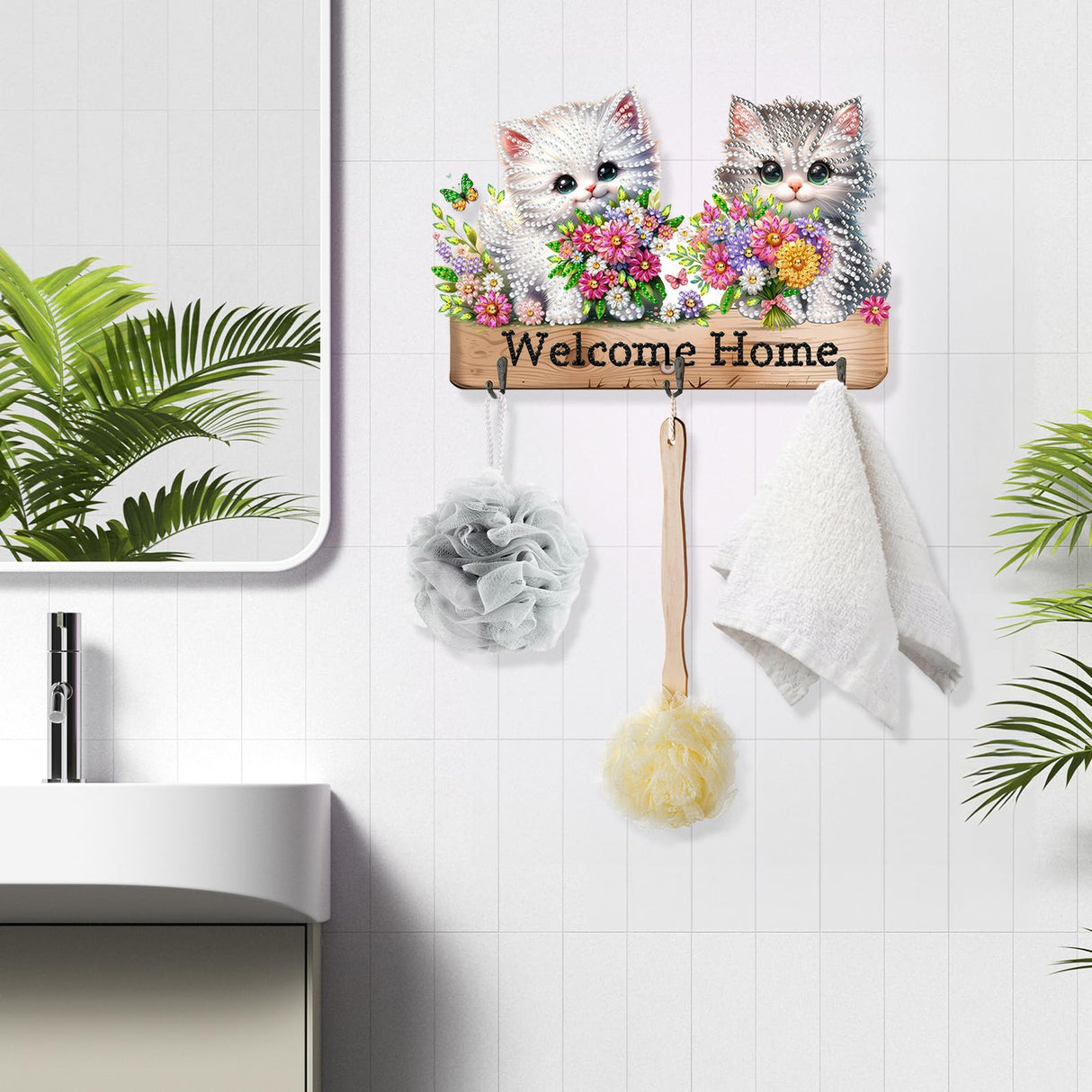 Diamond Art Kits for Adults, DIY Diamond Painting Key Holder for Wall with 3 Hooks for Hanging Keys, Sunglasses, Bag (Cats) WoodArtSupply