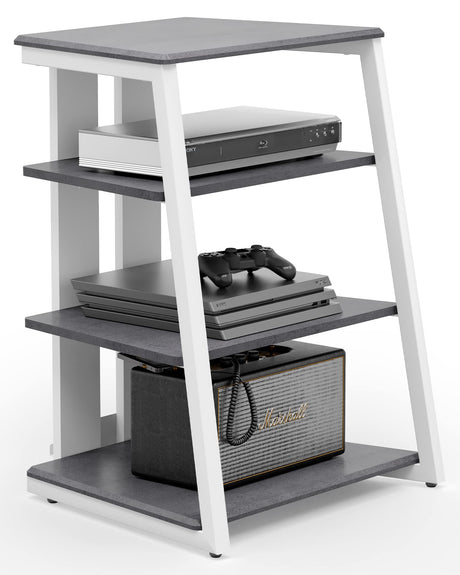 FITUEYES DESIGN 4-Tier AV Media Stand Corner Shelf Stand Wooden Corner Shelves Component Cabinet Stereo Rack Audio Tower with Height Adjustable Wooden Shelves for/Apple Tv/Xbox One/ps4 (Grey) FITUEYES