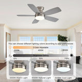 JSAITEE Ceiling Fans with Lights, 42 Inch Low Profile Ceiling Fan with Light and Remote/App Control, Flush Mount, Reversible, 3CCT, Dimmable, Noiseless, Nickel Ceiling Fan for Indoor/Outdoor Use JSAITEE