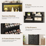 Farmhouse Shoe Storage Cabinet with 2 Flip Drawers & Coat Rack, LED Light, Hall Tree with Hidden Shoe Cabinet, Freestanding Shoes Organizer Cabinet for Entryway, Hallway, and Living Room, Black RALGEND