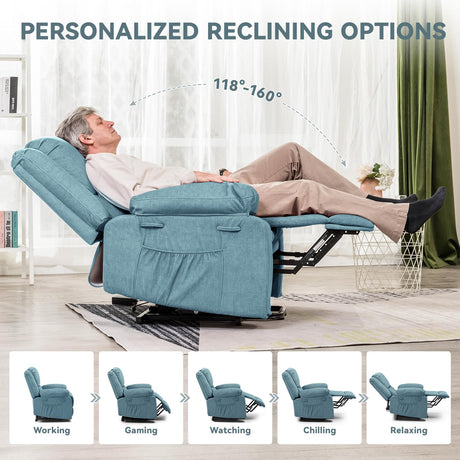 COMHOMA Electric Power Lift Chairs Recliners for Elderly,Recliner Chair with Massage and Heat,2 Side Pockets, Fabric(Blue) COMHOMA