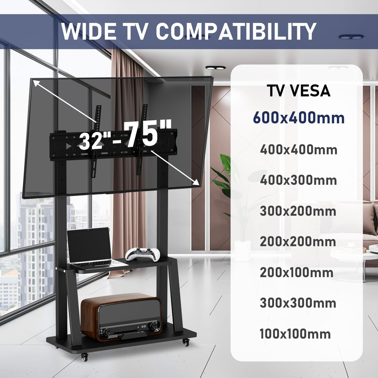 Duiliuu Rolling TV Stand, TV Stand with Wheels for 32-75 inch TV, Portable TV Stand with Shelf,Hight Adjustable,15° Adjustable Viewing Angle,Max 130LBS, Vesa max 600×400 Duiliuu