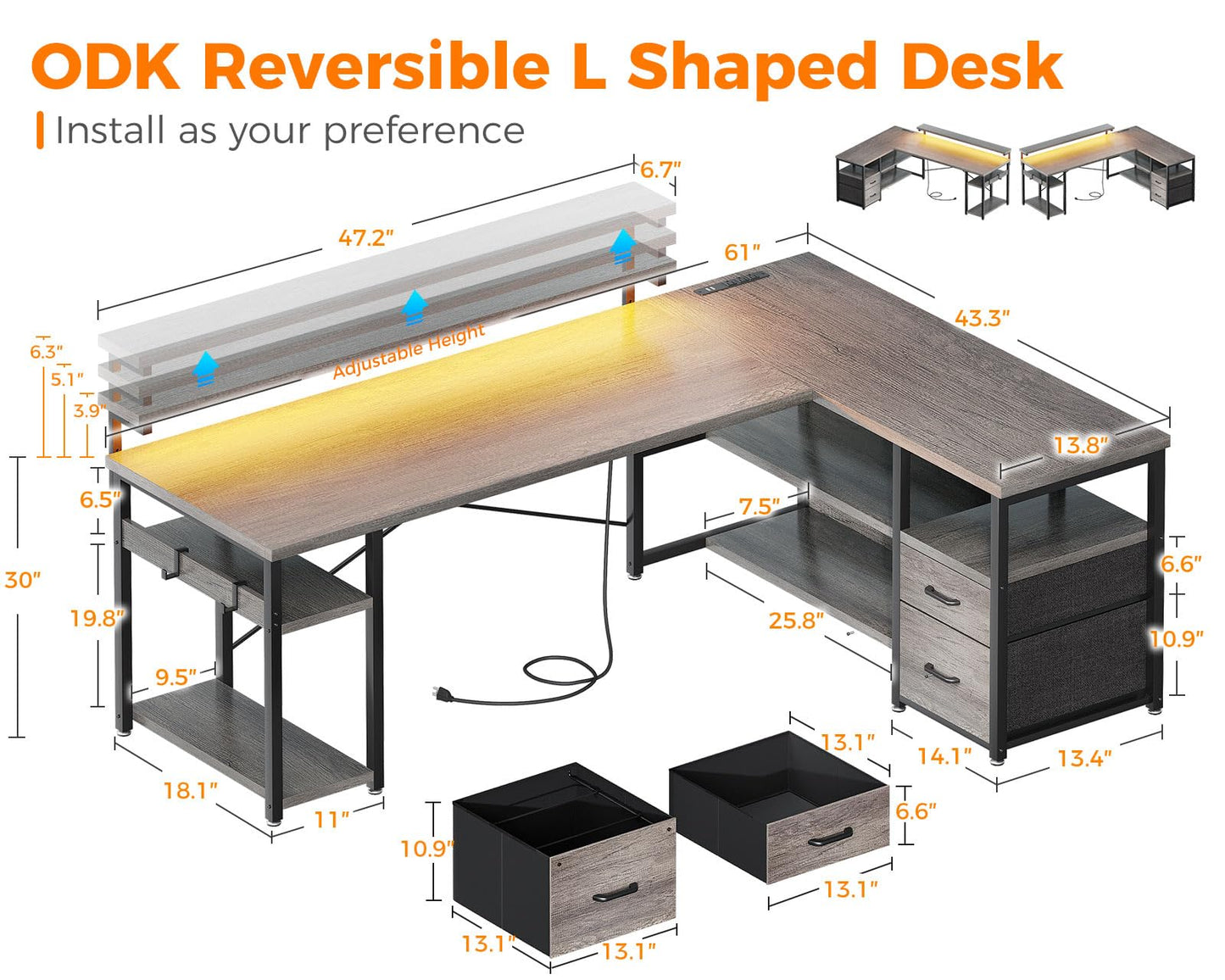 ODK Reversible L-Shaped Gaming Desk with Power Outlets, LED Lights, and Storage Drawers in Grey - WoodArtSupply