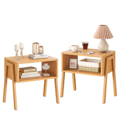 End Table Set of 2 Bamboo Nightstand Stackable Bedside Table Living Room Nightstand 2-Tier Storage Shelf Wood Sofa Table for Small Space Bed Room Living Room