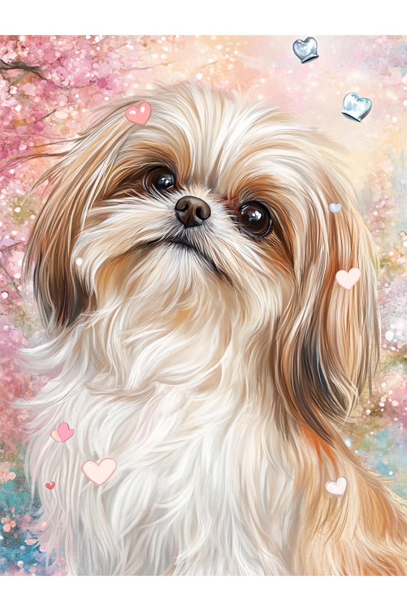 5D DIY Shih Tzu Dog Diamond Painting Kit for Adults - Cherry Blossoms Diamond Art Kit Full Drill Round Diamonds Home Decor Bedroom Wall Art Gift for Adults Beginners Enthusiasts 8x12 INCH KLLT