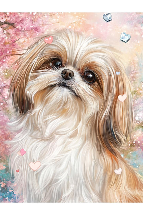 5D DIY Shih Tzu Dog Diamond Painting Kit for Adults - Cherry Blossoms Diamond Art Kit Full Drill Round Diamonds Home Decor Bedroom Wall Art Gift for Adults Beginners Enthusiasts 8x12 INCH KLLT