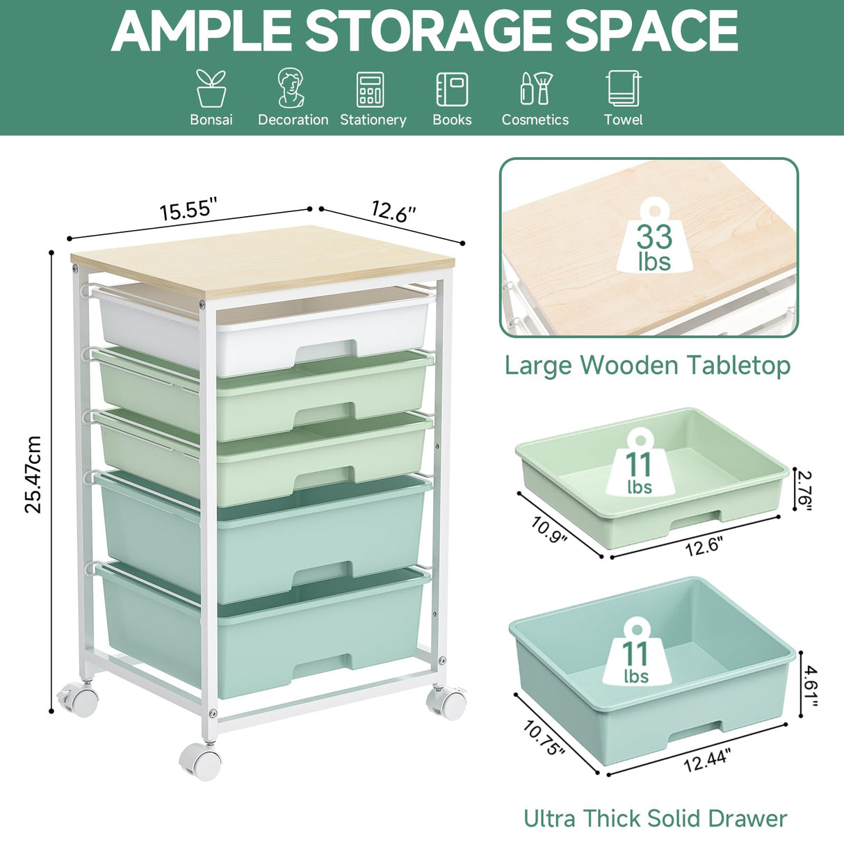 Craft cart,Rolling Cart with Drawers,Storage Cart with 5 Drawers and Wooden Tabletop for Under Desk Organizers and Storage,Green SYKIARIOL