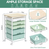 Craft cart,Rolling Cart with Drawers,Storage Cart with 5 Drawers and Wooden Tabletop for Under Desk Organizers and Storage,Green SYKIARIOL