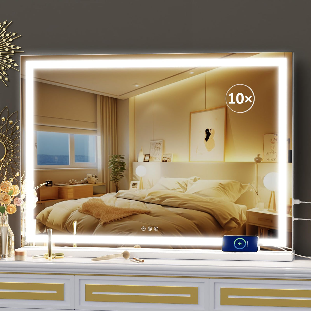 Gvnkvn Makeup Vanity Mirror with USB Charging Port 28" x 22" Large LED Makeup Mirror, Desk Mirorr with Lights, Light up Mirror with 10X Magnification and, Dimmable 3 Modes, Touch Control White Gvnkvn