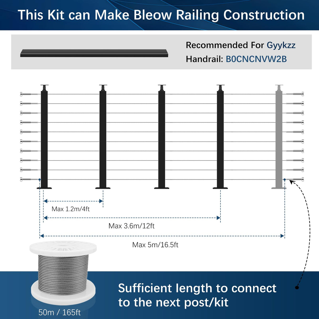 Gyykzz 36" One-Stop Cable Railing Post Kit, 4 Pack Level Drilled Line Post, Adjustable Top Cable Railing System Including 4 Railing Post, 165ft Cable, 10 Sets Terminal, 80 Cable Grommets (No Handrail) Gyykzz