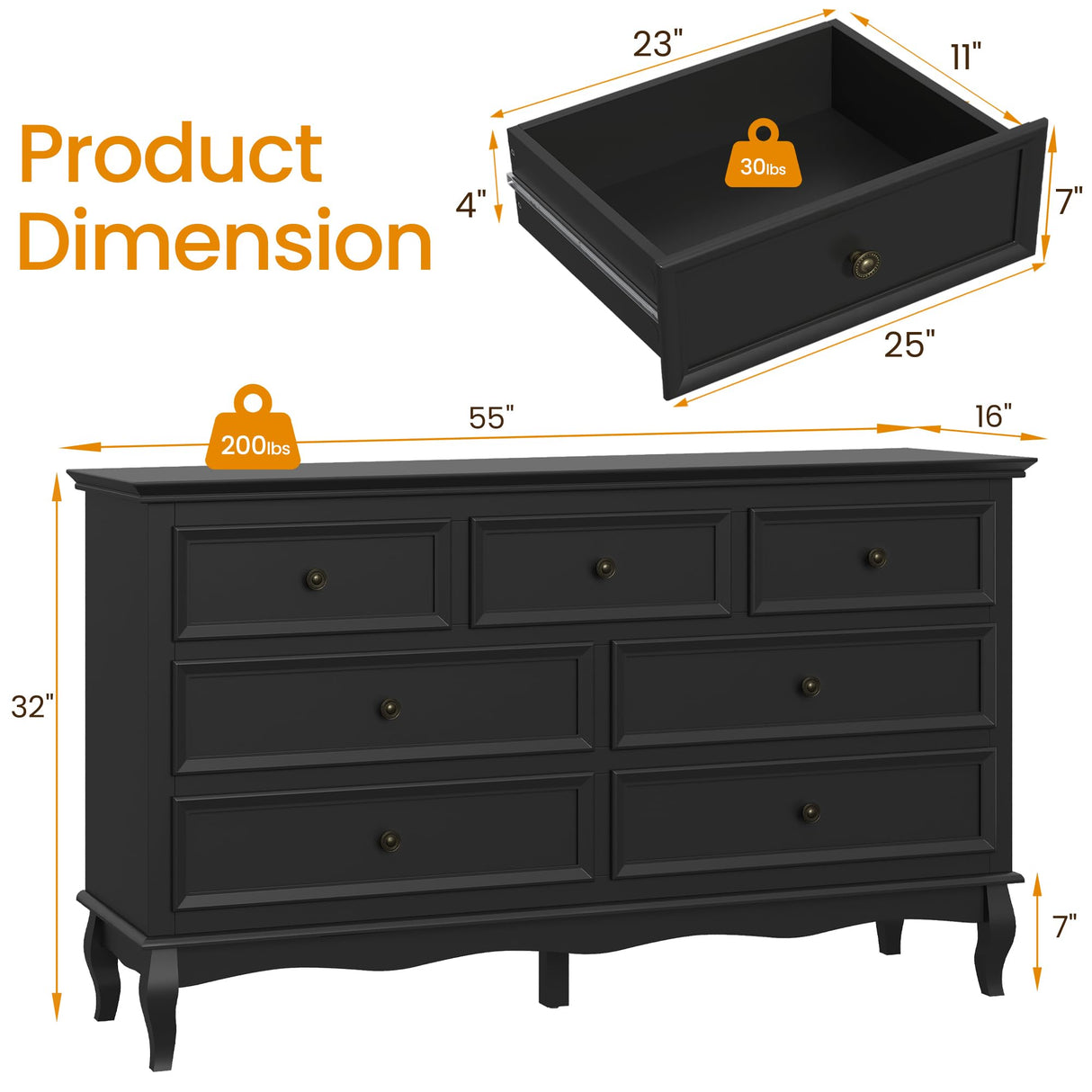 RoyalCraft Dresser for Bedroom, 7 Drawers Dresser with Distinctive Wooden Legs & Black Paint Finish, Black Drawer Dresser with Spacious Storage Space for Bedroom, Hallway RoyalCraft