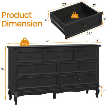 RoyalCraft Dresser for Bedroom, 7 Drawers Dresser with Distinctive Wooden Legs & Black Paint Finish, Black Drawer Dresser with Spacious Storage Space for Bedroom, Hallway