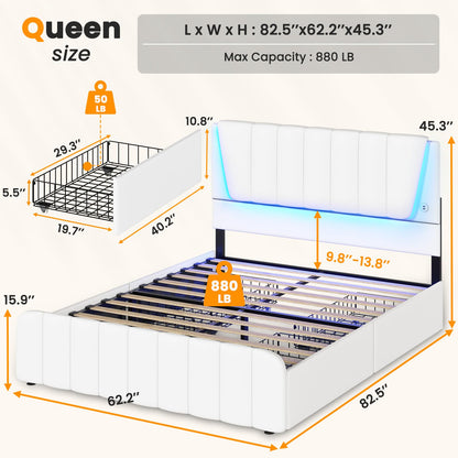 AOGLLATI White Queen Bed Frame with LED Headboard and 4 Storage Drawers - WoodArtSupply