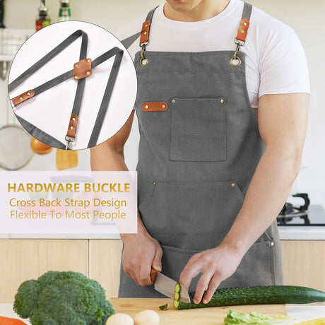 Aoomzoon Canvas Aprons for Men Chef Apron, Work Apron with Large Pockets - Durable 16oz Heavy Duty Cross Back, BBQ, Cooking (Gray, 1 Pack) Aoomzoon