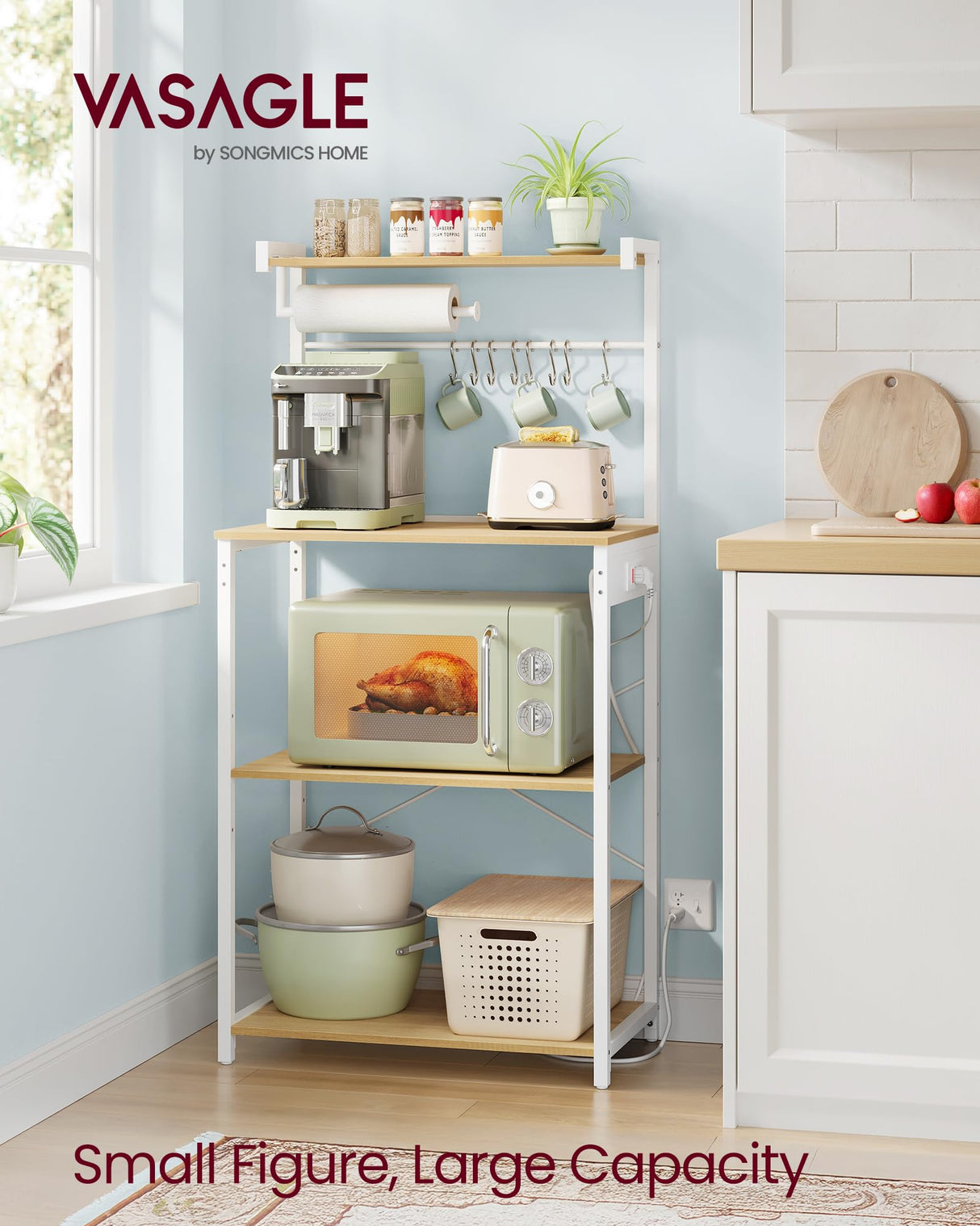 VASAGLE Kitchen Bakers Rack with Power Outlet, Coffee Bar 4-Tier with 8 S Hooks, Microwave Stand, Adjustable Shelf, for Small Spaces, Golden Oak and Cloud White UKKS014Y01V1 VASAGLE