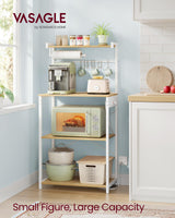 VASAGLE Kitchen Bakers Rack with Power Outlet, Coffee Bar 4-Tier with 8 S Hooks, Microwave Stand, Adjustable Shelf, for Small Spaces, Golden Oak and Cloud White UKKS014Y01V1 VASAGLE