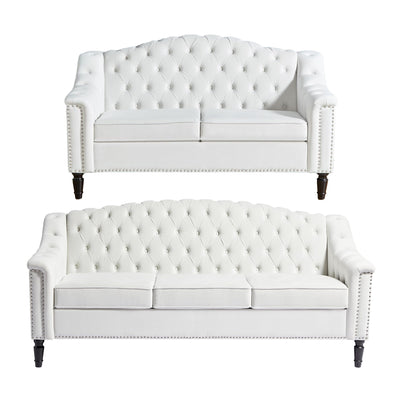 SUJOUCRAFT Chesterfield Camelback Loveseat & 3-Seater Sofa, Living Room Soft Fabric Sofa Couch Set, Mid-Century Elegant Sectional Couches with Deep Seat Tufted Backrest (Velvet-Camelback-2+3, White)