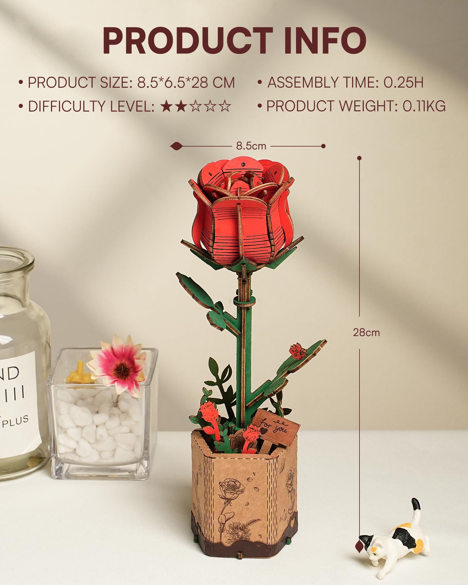 ROBOTIME 3D Puzzle Wooden Flower Red Rose DIY Model Kit to Build for Adults Artifical Bouquet Collection Craft Brain Teaser Puzzle Creative Gift Home Decor - WoodArtSupply