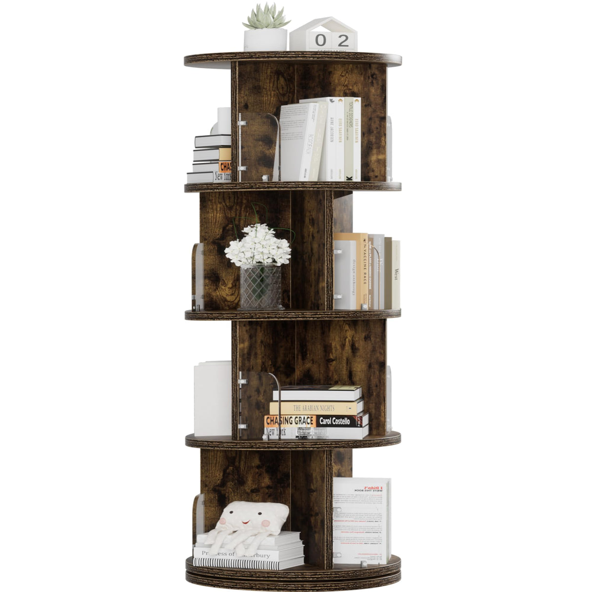 VECELO 4 Tier Revolving Bookshelf Tower, 360° Display Floor Standing Storage Rack with Acrylic Visible Window Partition for Bedroom, Living Room Home and Office, Brown VECELO