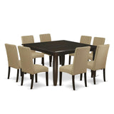 East West Furniture PFDR9-CAP-03 9 Piece Dining Set Includes a Square Dining Room Table with Butterfly Leaf and 8 Brown Linen Fabric Upholstered Parson Chairs, 54x54 Inch, Cappuccino East West Furniture