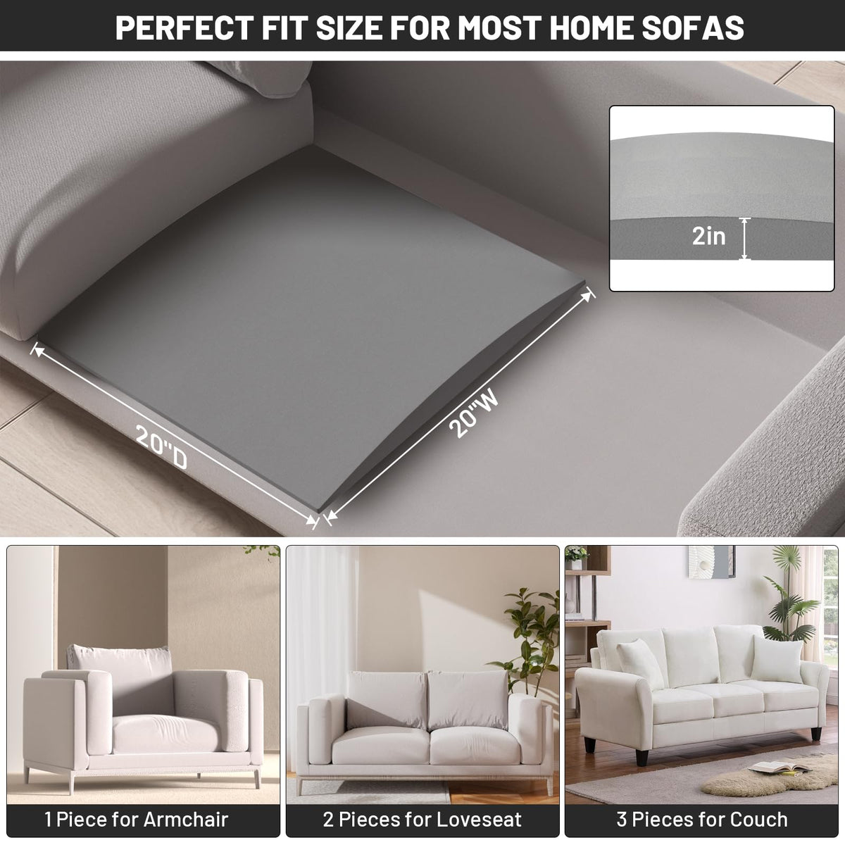Spongiduits Couch Cushion Support for Sagging Seat - 20" x 20" High-Density Curved Foam Sofa Cushion Support Board, Couch Supporter for Under The Cushions, Grey Set of 3 Spongiduits
