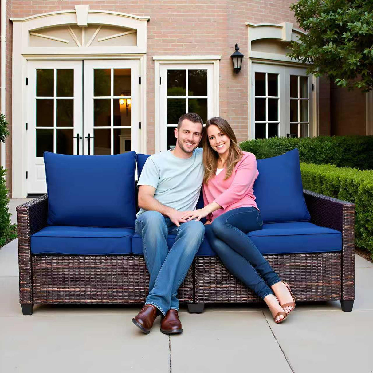 EortheX Outdoor Patio Sofa, 3-Seat Rattan Wicker Couch for Garden Deck or Porch, Comfortable All-Weather Patio Furniture with Anti-Slip Cushions (Blue) EortheX outdoor fancy