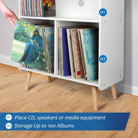 Possile Mid-Century Wood Record Player Stand, Large Vintage Turntable Stand for Living Room, Office, 3-Tier Vinyl Record Storage Cabinet Table Holds up to 100 Albums, White Possile