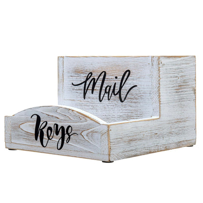 MyGift Shabby Whitewashed Solid Wood Mail Holder and Key Organizer Entryway Storage Tray with Cursive Mail and Keys Word Design, Office Desktop Organizing Bin