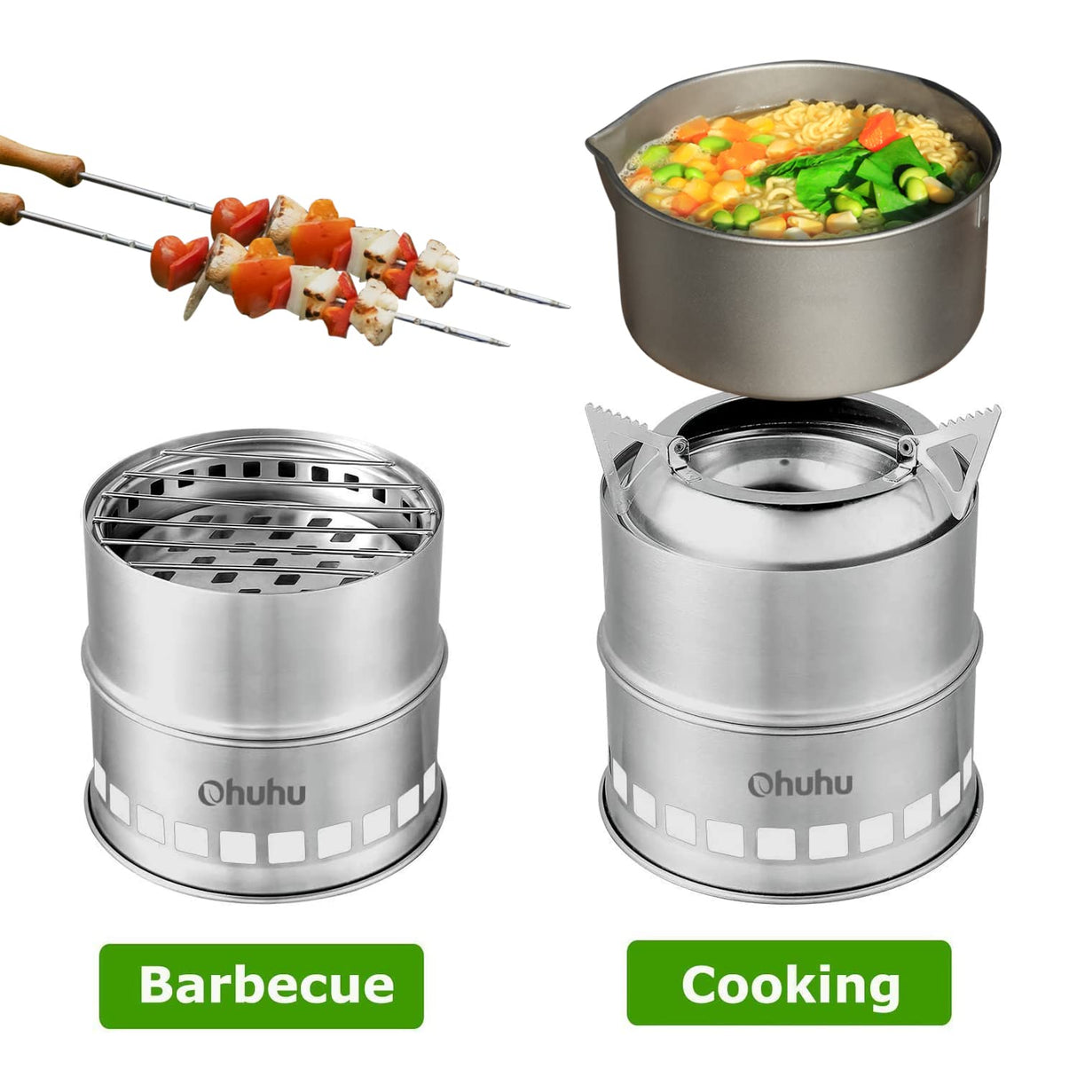 Camping Stove, Ohuhu Camp Stove Wood Burning Stove Stainless Steel Stoves Mini Portable Stove for Camping Picnic BBQ Backpacking Hiking Survival Emergency Cooking Outdoor with Grill Grid Carry Bag Ohuhu