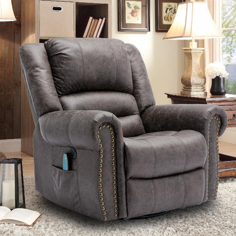 OUINCH Manual 360 Degree Swivel Glider Rocker Recliner Chair with Massage and Heat, USB Ports and 2 Side Pockets, Bronze Suede Like Fabric, Grey OUINCH