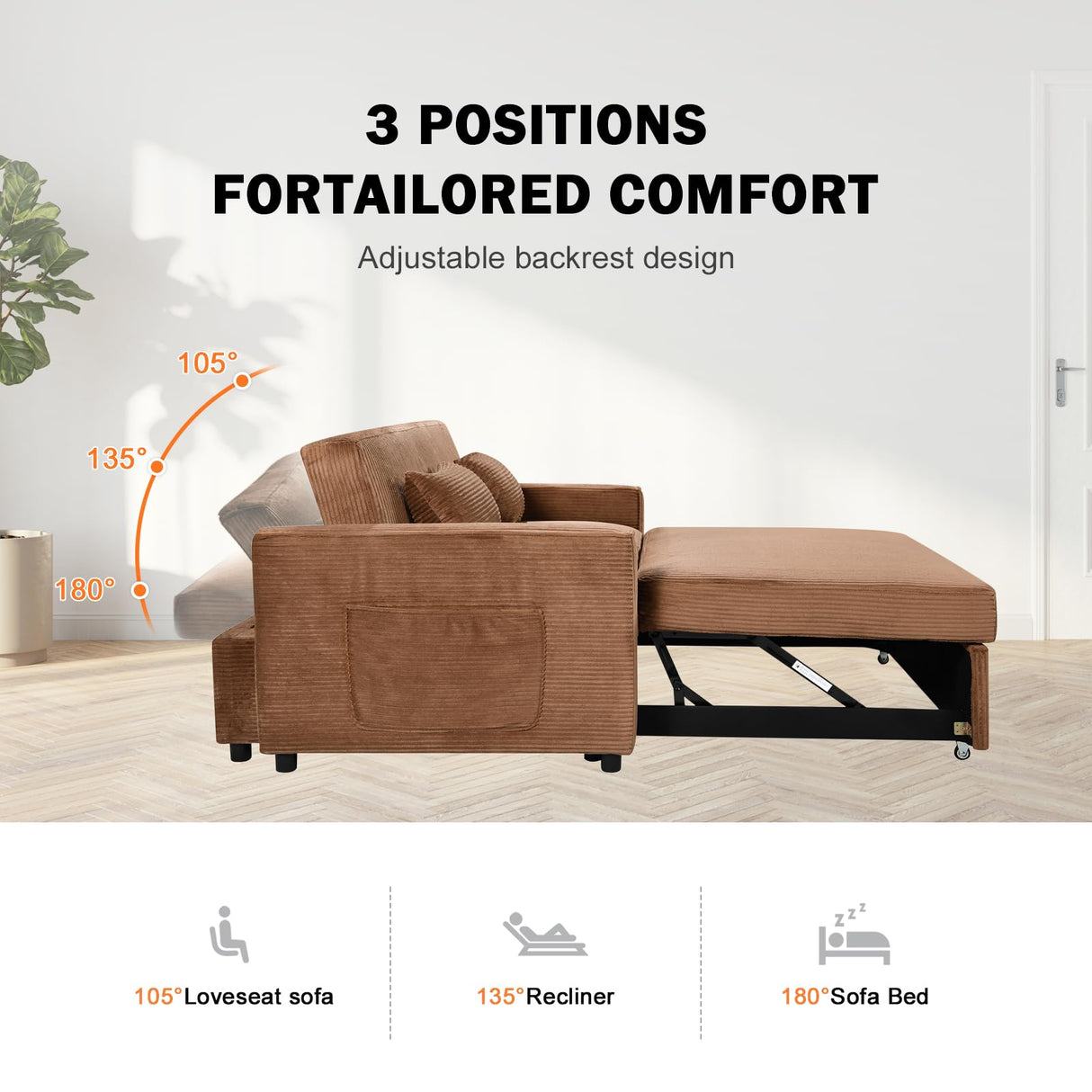 ECHINGLE Sleeper Sofa with Pull Out Sofa Bed,Corduroy Futon Sofa Bed with 3 Level Adjustable Backrest & Storage Pockets and 2 Toss Pillows,Modern Couch Bed for Living Room,Bedroom（Brown） ECHINGLE