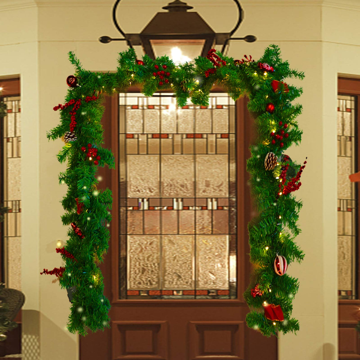 MorTime 9 FT LED Christmas Garland with Pinecones Red Berries Bows Christmas Balls Candies, Multi-function Christmas Garland with 50 Warm White LED Lights, 180 Branch Tips MorTime