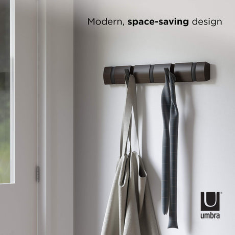 Umbra Flip Wall-Mounted Coat Rack Rail Hook for Hats, Jackets, Bags and More – Modern, Space-Saving Storage Organizer for Entryway, Mudroom, Closet, Bathroom, Bedroom, Kids Room, or Nursery, 5 Hooks, Walnut/Black Umbra