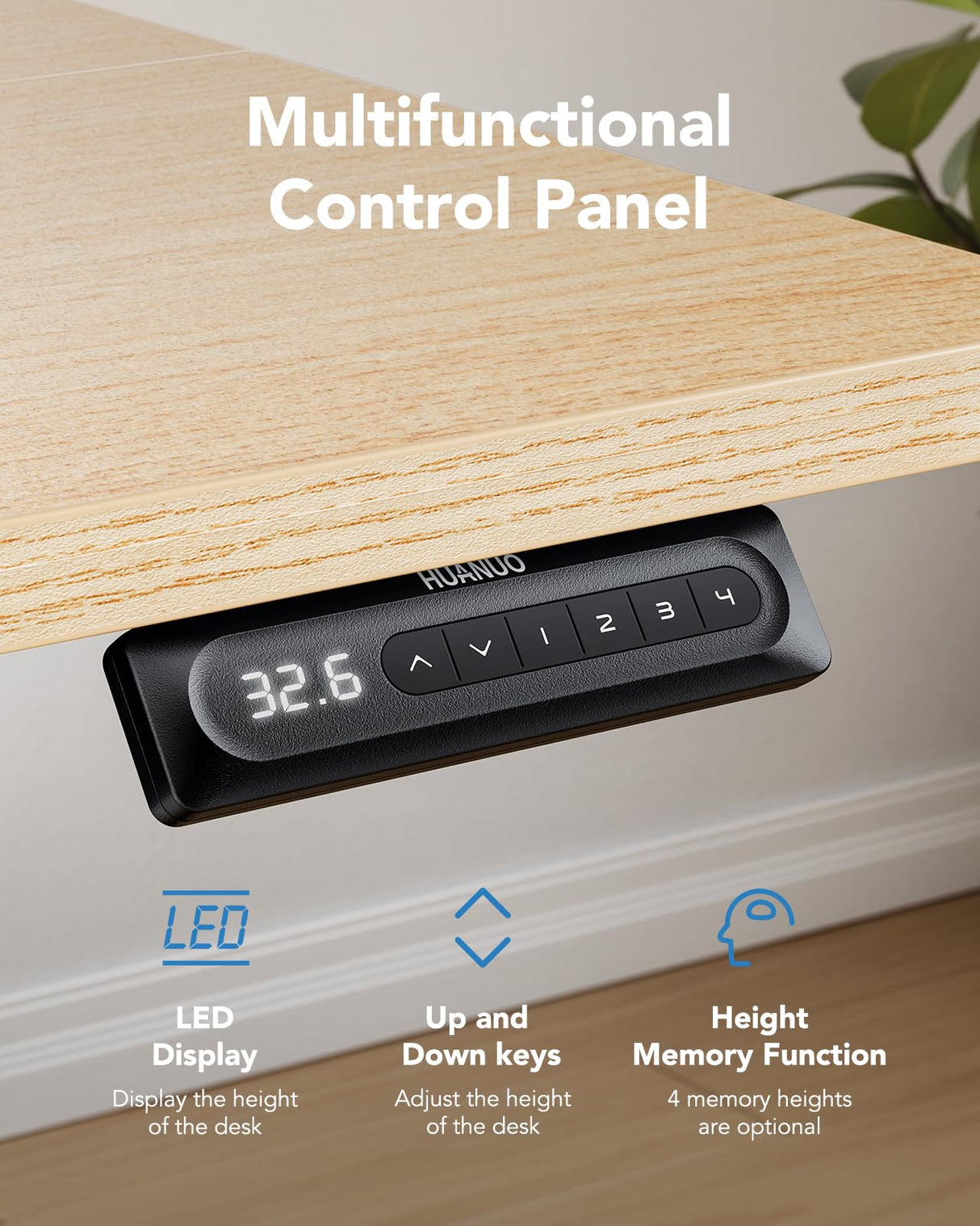 HUANUO 63" x 28" Electric Standing Desk Adjustable Height, 4 Memory Height Settings, Headphone Hook, Cable Manager, Sit Stand Up Desk for Home Office & Computer Workstation, Nature HUANUO