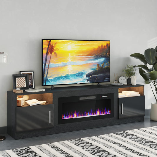 PRETZI Fireplace TV Stand with 36" Fireplace Up to 90" TVs,80" Entertainment Center with LED Lights,Remote Control,TV Media Console with Storage Cabinets for Living Room, Black