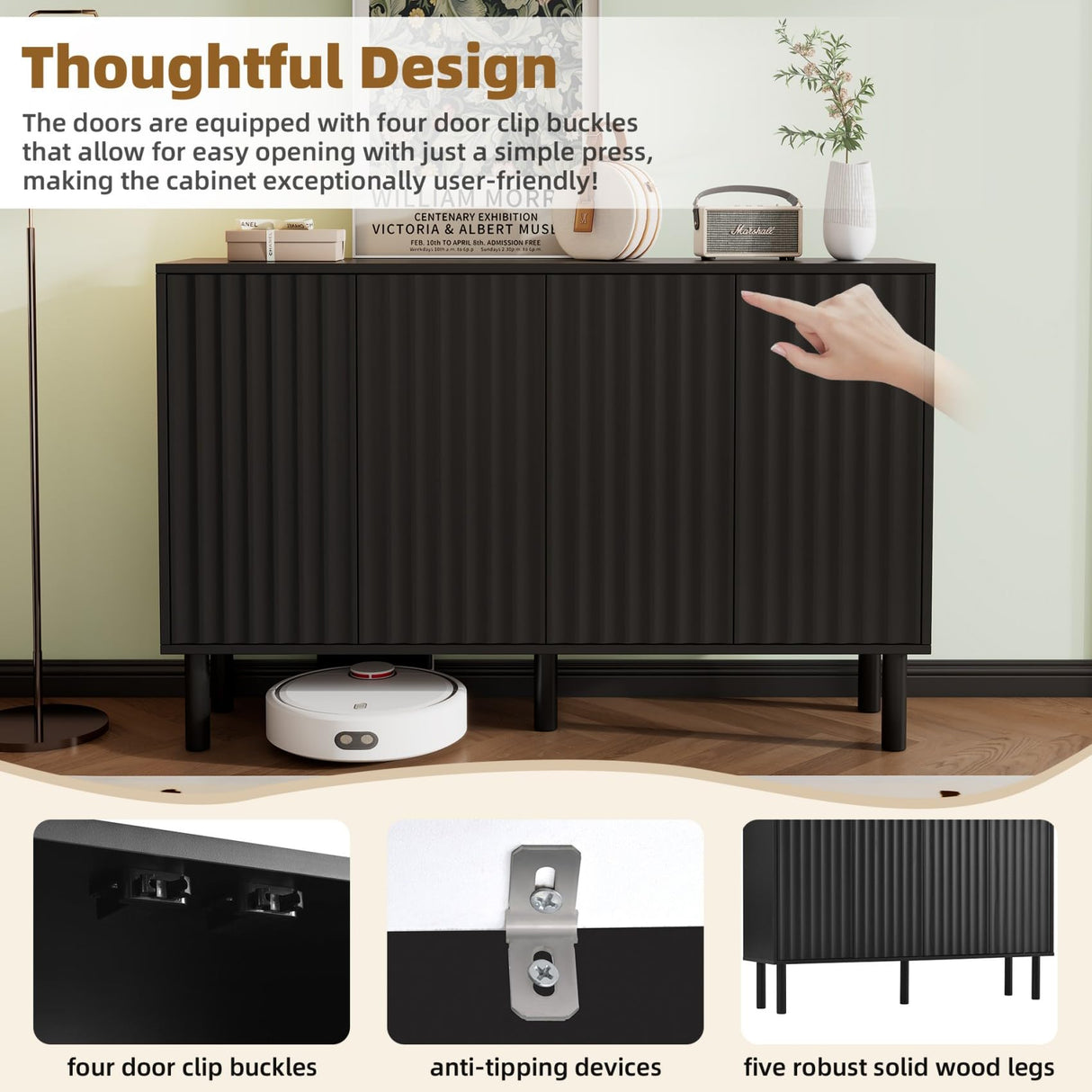 Merax 55” Shoe Cabinet Storage for Entryway with 4-Door, Freestanding Sideboard Buffet Hidden Table Organizer for Dinning Kitchen Living Room, Solid Wood Legs, Adjustable Shelves Merax