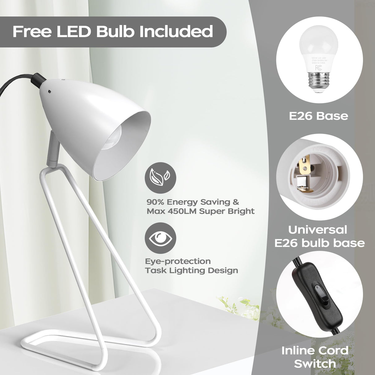 PARTPHONER Table Lamp Set of 2, 350°Rotatable Small Desk Lamp, Modern White Reading Bedside Lamps, Suitable for Study, Bedroom, Office, Dorm, Children's Room, 2 Bulbs Included PARTPHONER