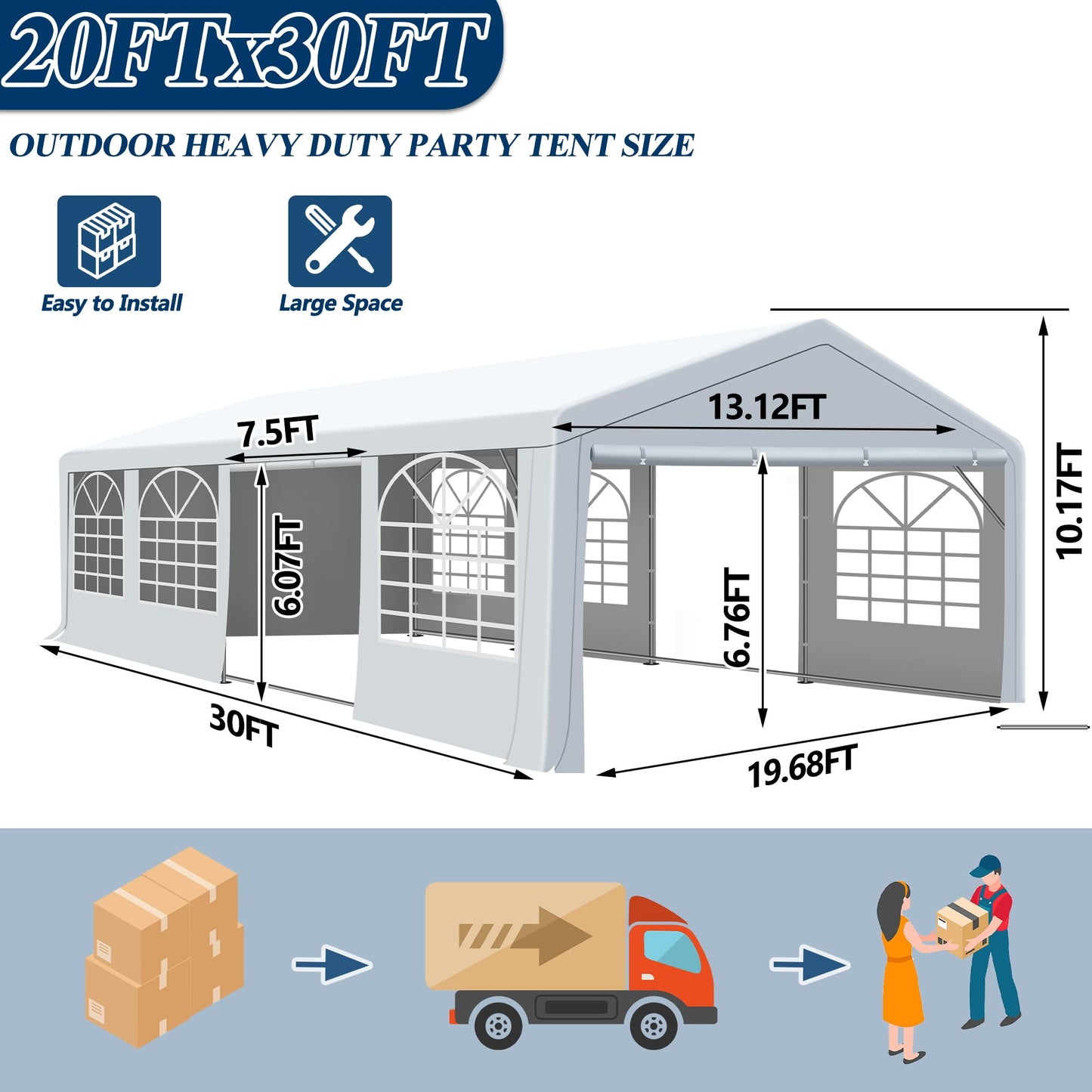 COVERONICS Outdoor Canopy Party Tent, 20'X30' Patio Party Tent with Rollable Sides and 4 Sandbags, Heavy Duty Steel Frame Carport Gazebo Event Tent Perfect for Wedding, Birthday Party, Outdoor Event