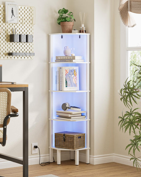 Apetaccat Corner Shelf Stand, 5 Tier Corner Bookshelf with Led Light,Corner Furniture for Bedroom Display Corner Shelf for Small Space,Wood Shelves with Storage Rack for Living Room,Office,White Apetaccat