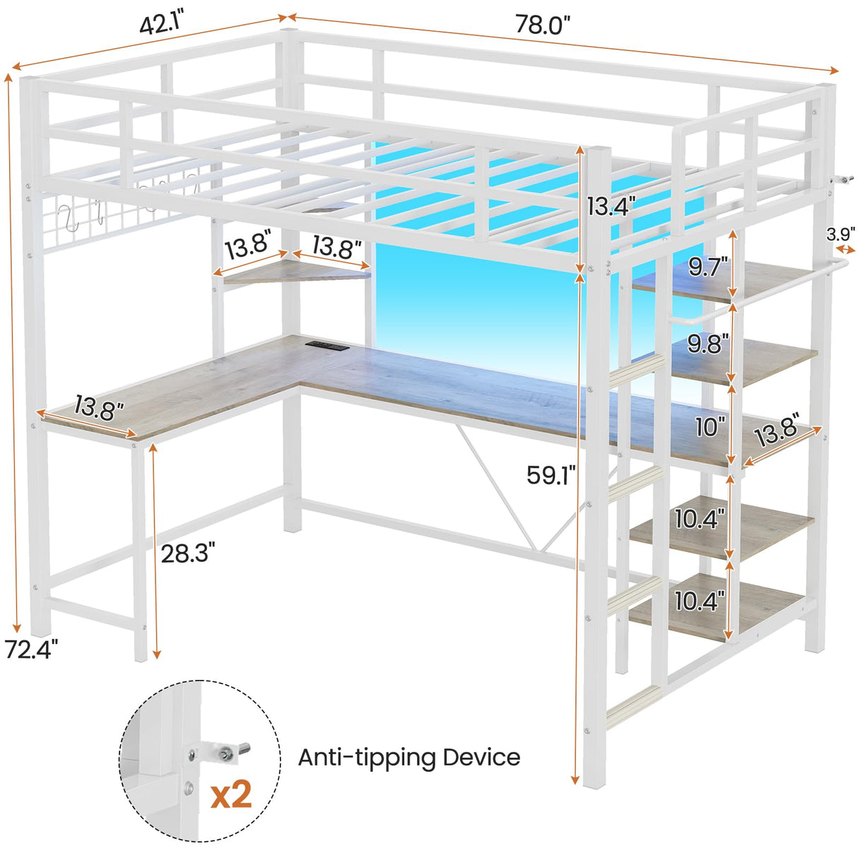MSmask Loft Bed Twin Size with L Shaped Desk, LED Lights, Charging Station, Heavy Duty Metal Loft Bed Frame with 6 Storage Shelves, Safety Guard & Ladder, No Box Spring Needed, No Noise, White MSmask