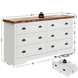 LIKIMIO 59" 6 Drawers Dresser for Bedroom, Power Strip, Farmhouse Large Wood Dressers & Chest of Drawers with Wide Storage Cabinet, Rustic Brown & White LIKIMIO
