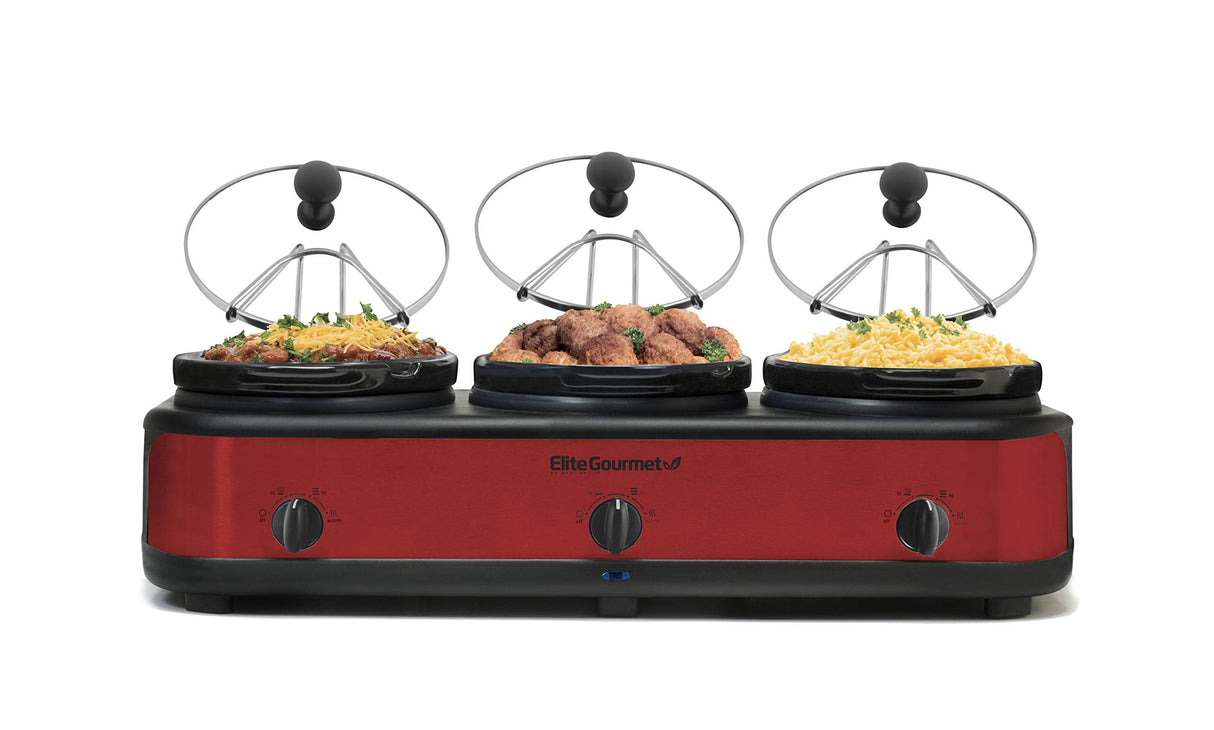 Elite Gourmet EWMST-325R Maxi-Matic Triple Slow Cooker Buffet Server Adjustable Temp Dishwasher-Safe Oval Ceramic Pots, Lid Rests, 3 x 2.5 Qt Capacity, Red Elite Gourmet