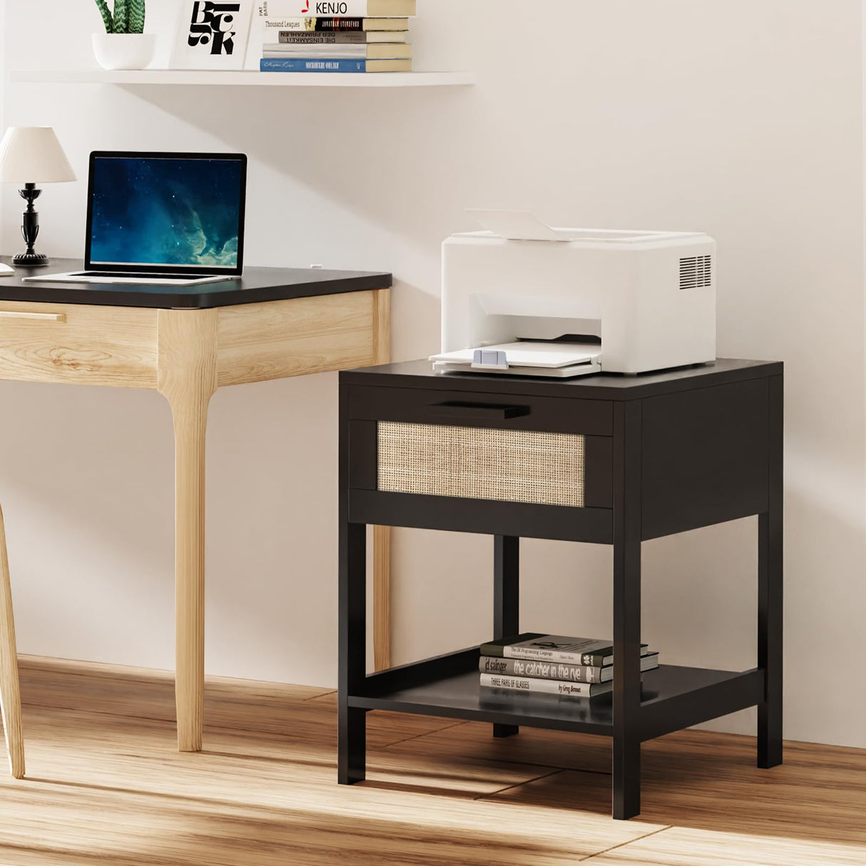 Derfullo Rattan Nightstand Set of 2 - Rattan Decor Drawer Night Stand Natural Wood Bedside Table Boho End Table Side Table with Storage Shelf Derfullo