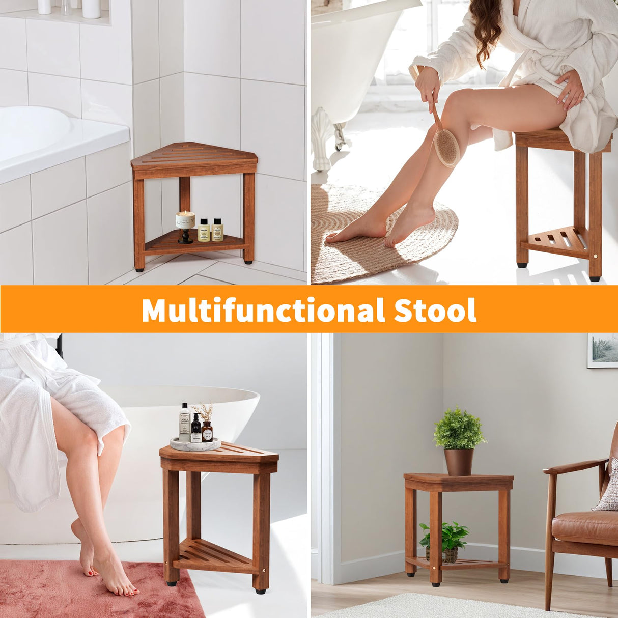 Shower Foot Rest 15 in, Acacia Shower Stool for Shaving Legs,Corner Bath Shower Bench with Starage Shelf for Inside Small Shower Spaces MISSEND