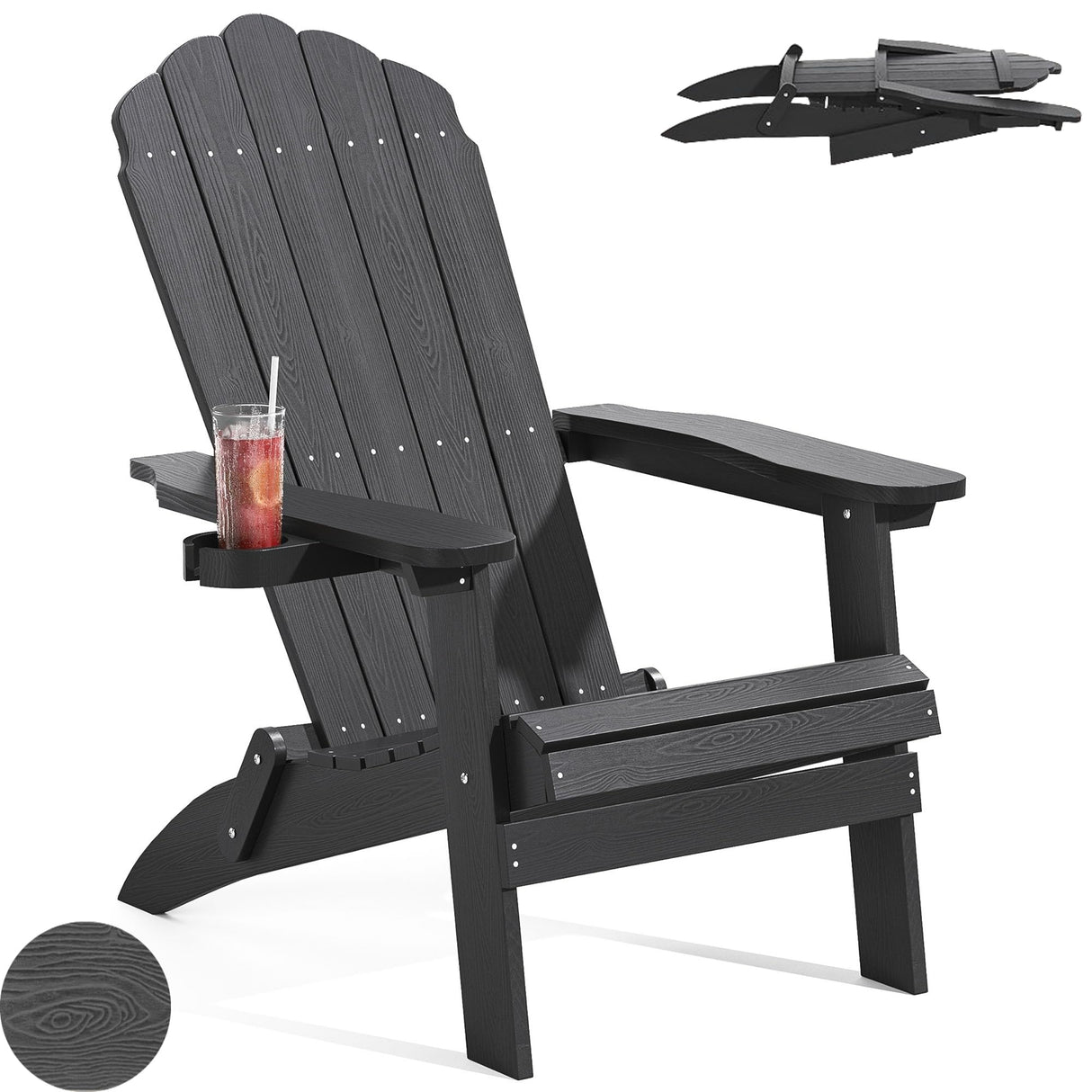 Qsun Outdoor Folding Adirondack Chair of 2, Weather Resistant Patio Chair with Cup Holder for Outside, Deck, Lawn, Backyard, Garden, Fire Pit, Campfire Lounger, Black, Large Qsun