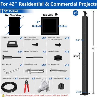 Zylorix 42" One-Stop All Black Cable Railing System Post Kit for Decks(Super Easy DIY), Include 3Pack Stair Posts for 25-35°Stairway, Complete Invisible Cable Railing Kit 1/8" with Cutter(No Handrail)