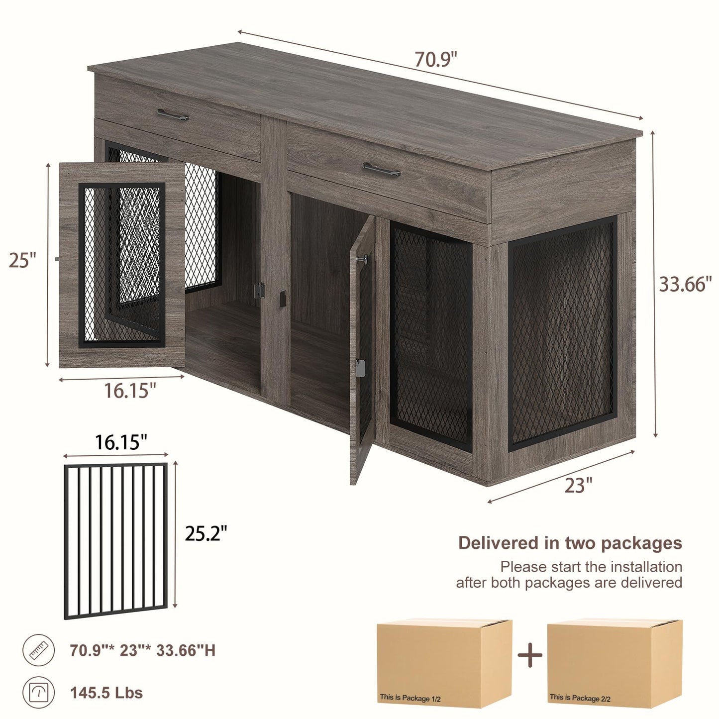 70.9 Inch Double Dog Crate Furniture with Drawers, Wooden Large Dog Kennel TV Stand with Divider and Double Doors, 70.9"* 23.6"* 33.5"H, (Wash Grey)