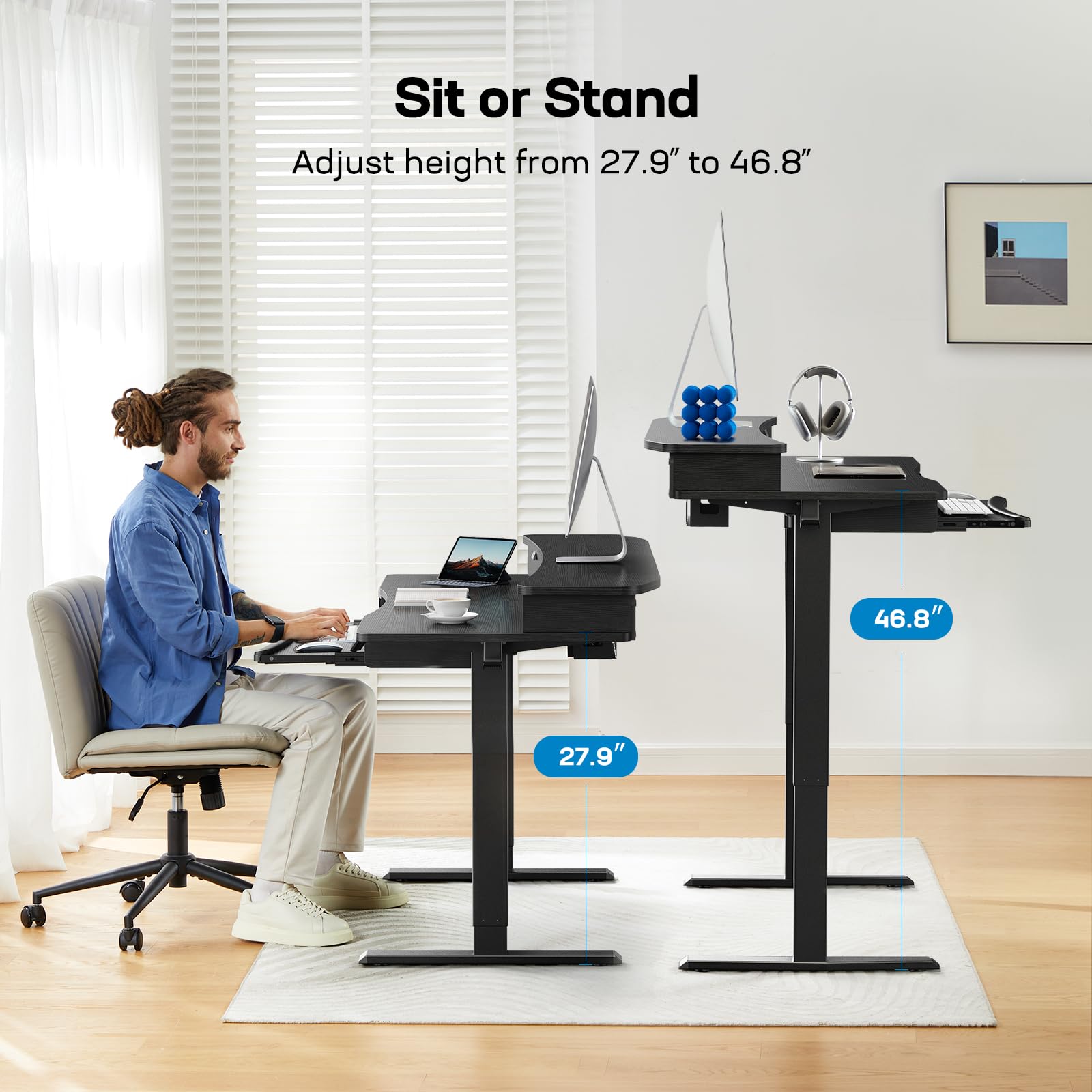 HUANUO 55" x 26" Electric Standing Desk with 2 Drawers & 26.7" Large Keyboard Tray, C-Clamp Mount Compatible, Adjustable Computer Desk for Home Office, Stand Up Desk with 4 Height Presets, Bl - WoodArtSupply